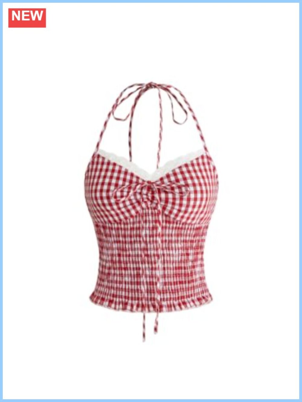 Milumia Plaid Gingham Halter Crop Cami Top Bowtie Lace Trim Y2k